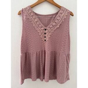 Women's 3XL Rose Colored Summer Tank Top with Lace Trim Flowly Loose Fit Comfy